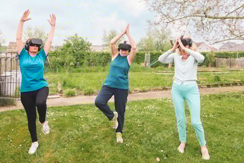 Preview: Women Enjoying Virtual Reality Exercise Outdoors