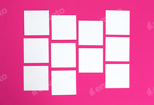 Preview: mock up concept. cards Papers on pink background. Top view, flat lay, copy space