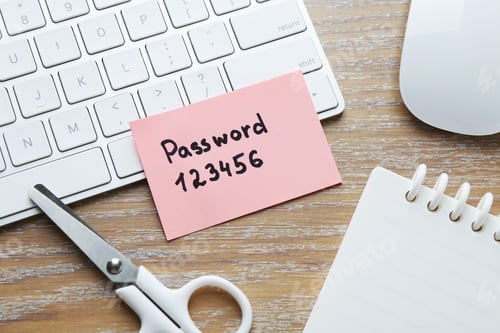 Preview: Paper note with password, computer keyboard, mouse and stationery on wooden table, flat lay