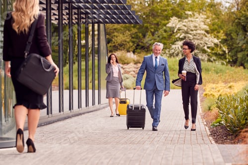 Preview: Group Of Business Delegates With Luggage Arriving At Conference Hotel