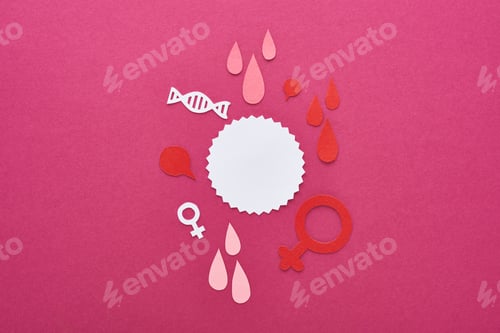 Preview: top view of paper cut white empty card with female signs and blood drops on purple background
