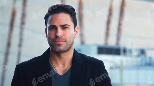 Preview: Portrait Of Thoughtful Mature Businessman Outside Office Building With City Skyline In Background