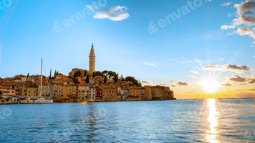 Preview: Rovinj village during sunset Adriatic sea Croatia, sunset at Rovinj town Croatia
