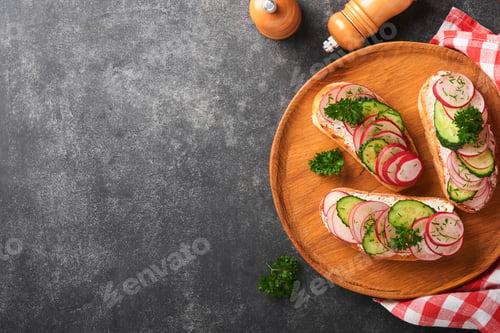Preview: Toast with cheese and radish. Sandwiches with cottage cheese, radish, cucumber and green onions on o