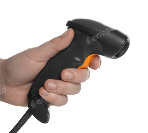 Preview: Man with barcode scanner on white background, closeup
