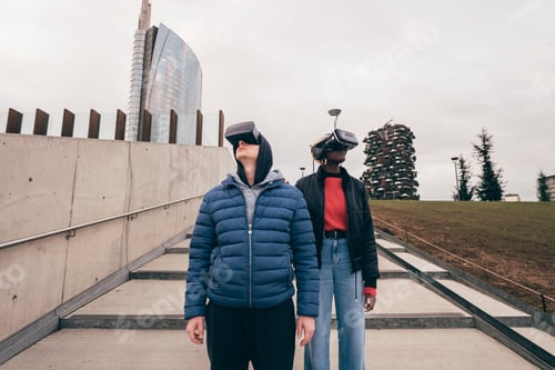 Preview: Two friends gaze upwards in an urban park setting.