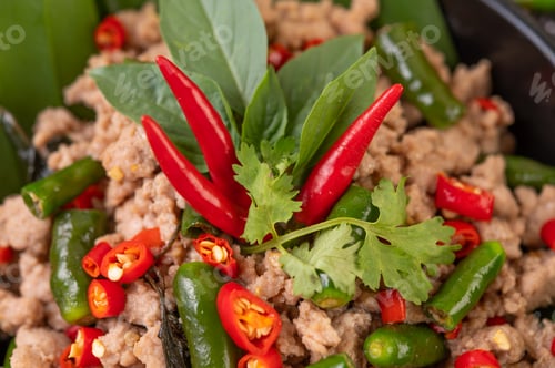 Preview: Stir-fried pork basil on banana leaves in a frying pan.