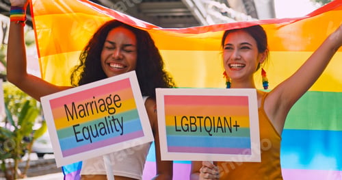 Preview: A lesbian couple waves a rainbow flag, a symbol of homosexuality, during a pride parade.