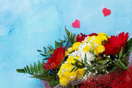 Preview: Wedding story or background Mother's Day. Basket bouquet of gerbera and chrysanthemums