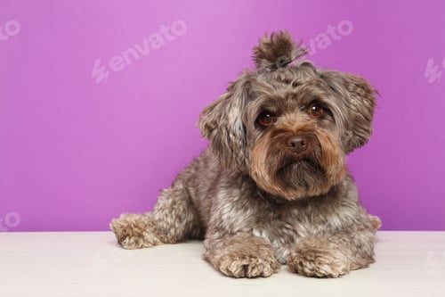 Visualização: Cute Maltipoo dog on white table against violet background, space for text. Lovely pet