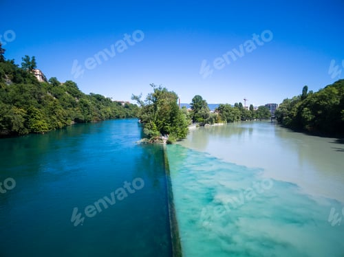 Preview: Aerial view of Arve an Rhone river confluent in Geneva Switzerl