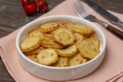 Preview: Slices of fried crookneck in oil with garlic on a wooden background