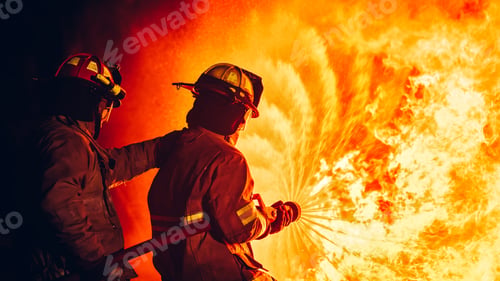 Preview: Fearless Firefighters Battling Blaze with Water and Extinguishers.