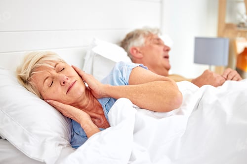 Preview: Snoring, problem and woman with frustrated with noise, sound or husband sleeping in bed with wife.