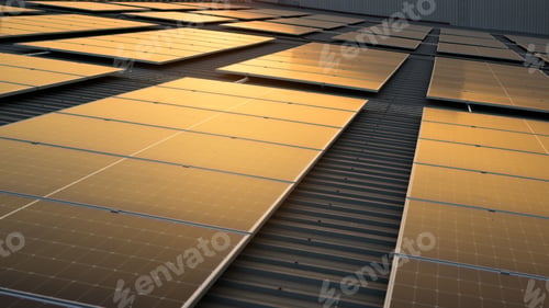 Preview: Solar cell farm power plant and solar panels with sunset in evening