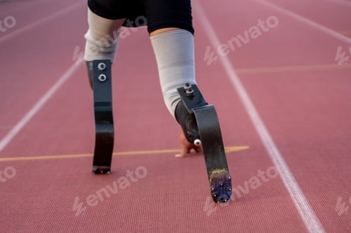 Preview: Asian para-athletes with prosthetic blades sprint on a running track at stadium.