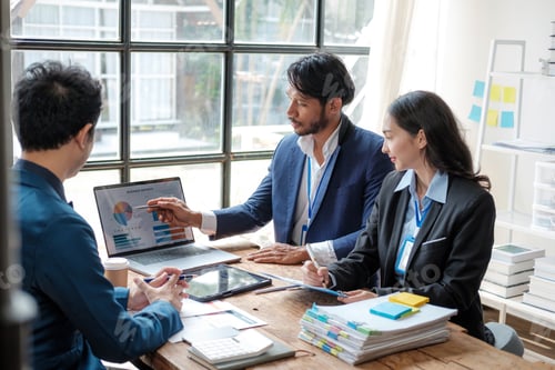 Preview: Business team analyzing income charts and graphs with modern laptop computer. Close up.Business anal