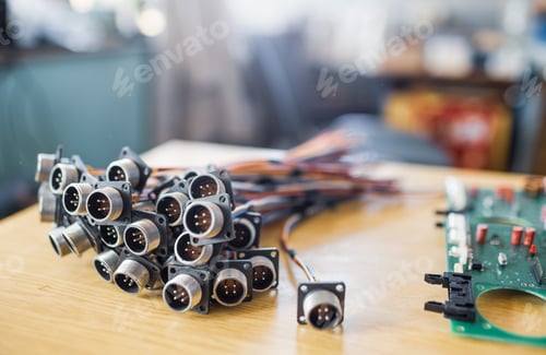 Preview: Close-up blurry metal sockets for plugs are in a heap