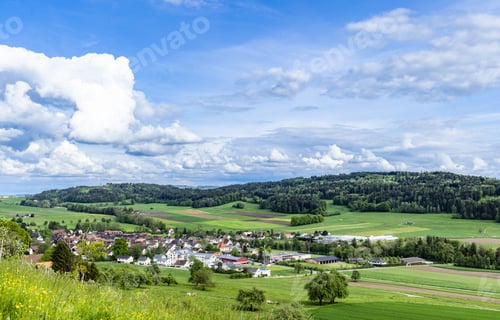 Preview: View of a forest, fields and village on the hills against a cloudy sky