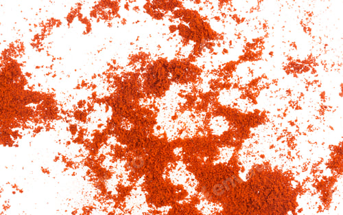 Preview: Scattered red paprika powder isolated on white background. Top view
