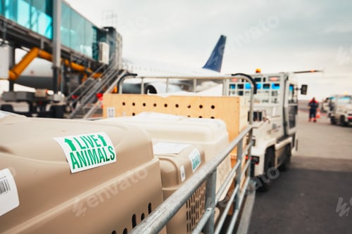 Preview: Dogs traveling by airplane. Boxes with live animals at the airport.