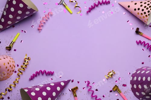 Preview: Frame of party items on pale violet background, flat lay. Space for text