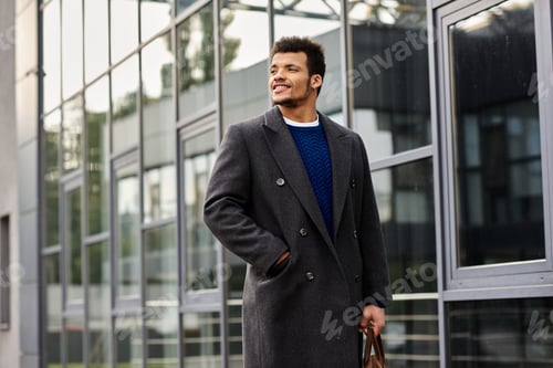 Preview: Stylish man enjoys a sunny day while strolling outside a modern building with confidence