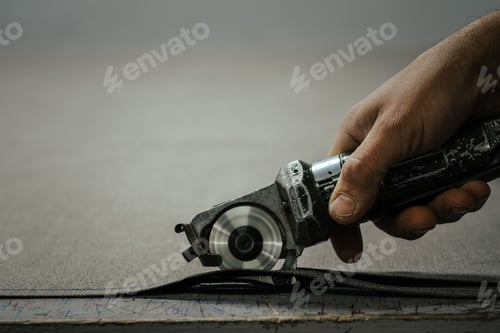 Preview: Closeup shot of hands using an industrial fabric cutting tool