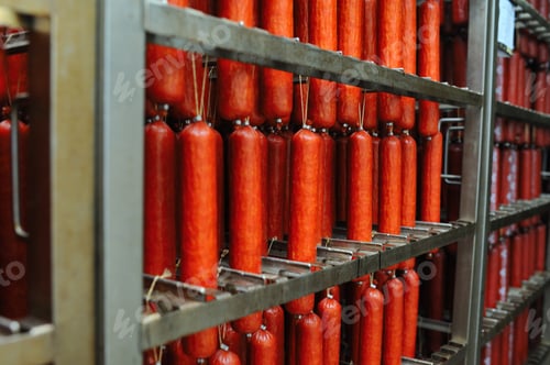 Preview: a lot of smoked sausages on the metal shelves of the racks of the meat factory.