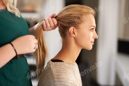 Preview: Woman Getting Hairstyle from Stylist in Bright Salon