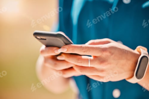Preview: Woman hands on a phone for communication, social networking and connection with technology closeup.