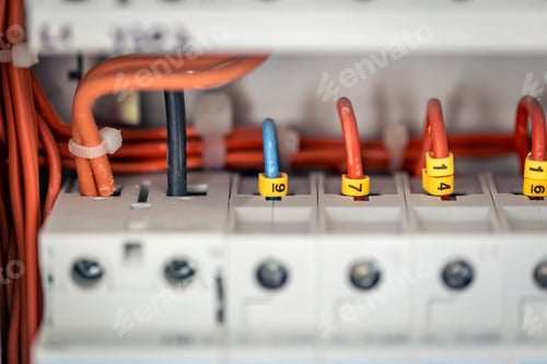 Preview: Electrical panel with fuses and contactors, close-up.