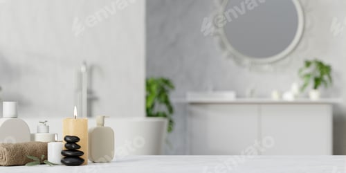 Preview: Relaxing bathroom atmosphere with candles and toiletries, 3D render illustration.