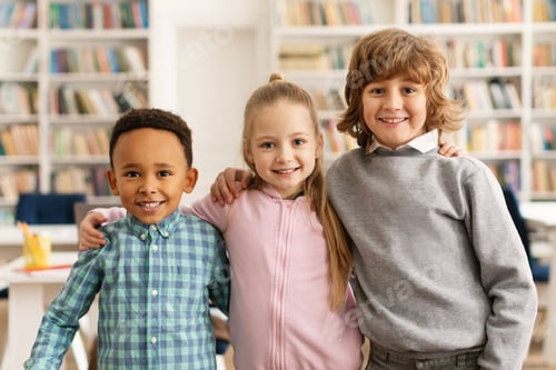 Preview: Group portrait of little school friends boys and girls embracing and smiling at camera