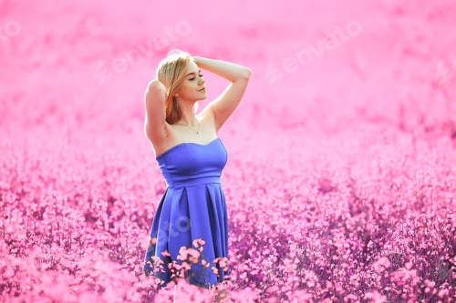Preview: Girl In A Field Of Lilac Flowers In Lavender Colors, Violet And Pink Landscape, Happy And Harmony