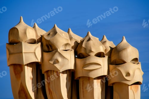 Preview: BARCELONA, SPAIN - OCTOBER 23, 2012: Chimneys on rooftop of Gaudi's masterpiece Casa Batlo.