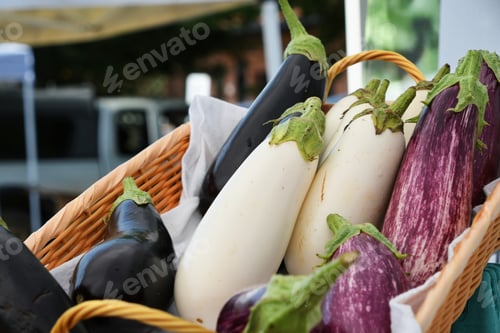 Preview: Fresh eggplants, aka aubergine in various colors at outdoor Farmer's Market