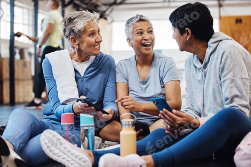 Preview: Fitness, gossip and senior friends with phone laughing at meme after yoga class, conversation and c