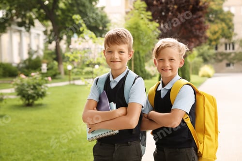 Preview: Little boys in stylish school uniform outdoors