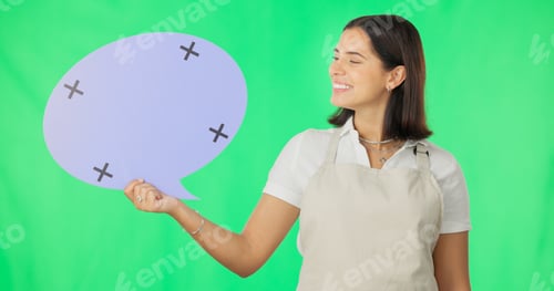 Preview: Woman, speech bubble and smile on face by green screen studio for mockup, promo and social media. G