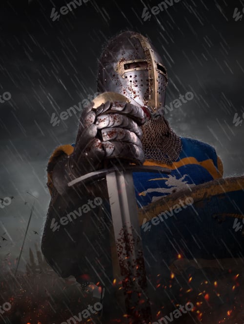 Preview: A knight with sword under the rain on battlefield.