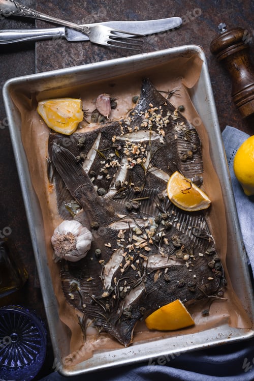 Preview: Baked flounder with seasoning in the backing dish on the stone table