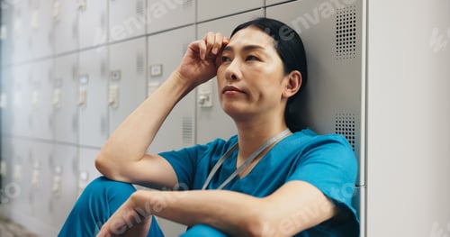 Preview: Japanese, woman and nurse with stress in hospital of healthcare fatigue, medical mistake and burnou