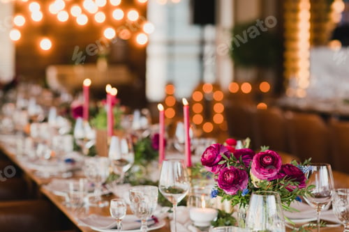 Preview: Coziness and style. Modern event design. Table setting at the wedding reception.