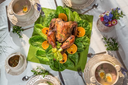 Preview: Richly set table for Thanksgiving with turkey and soup