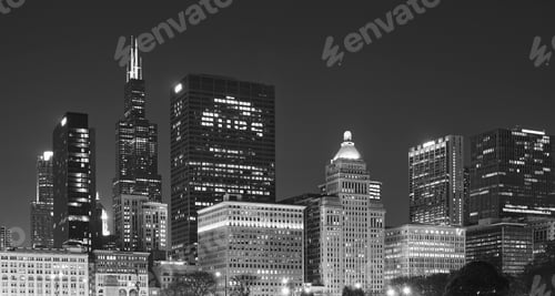 Preview: Black and white picture of Chicago downtown at night, USA