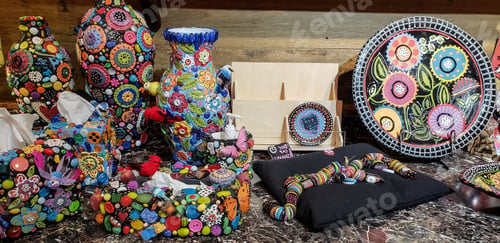 Preview: Colorful handmade pottery and dishes as works of cultural artwork for retail sale.