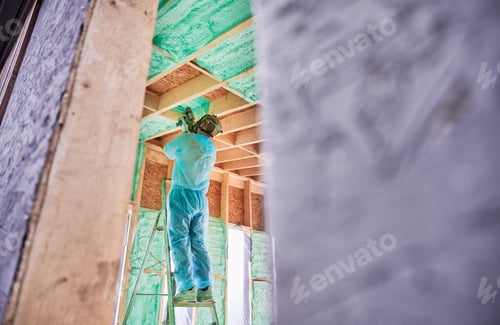 Preview: Worker spraying polyurethane foam for insulating wooden frame house.