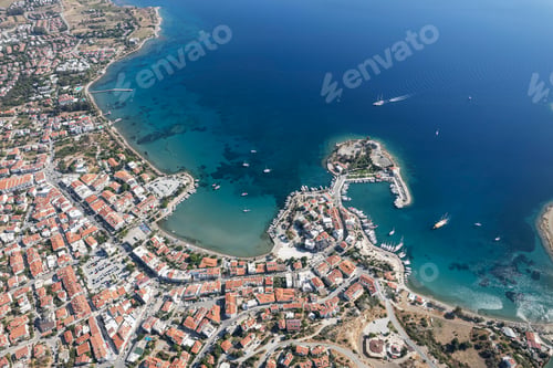 Preview: Datca city beach and marina aerial panoramic view. Marmaris city in Mugla Province, Turkey.