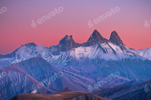 Preview: Snowy mountains Aiguilles d'Arves before sunset, from Col de la Croix de Fer, Savoie, France